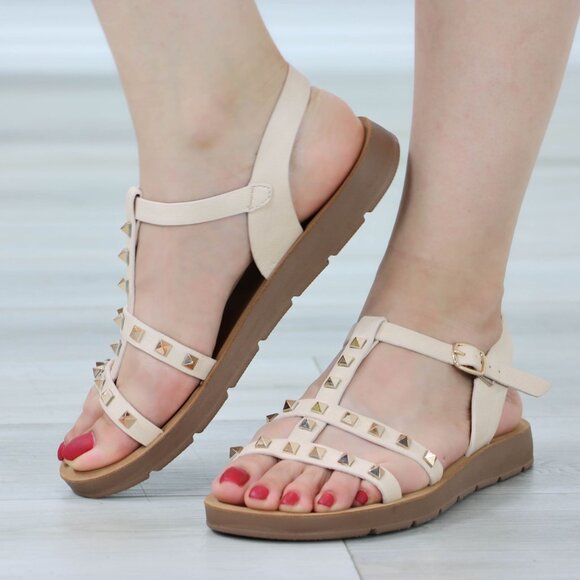 Nude Gladiator Sandal Comfy Flat Sole Metal Studs With Ankle Strap - Picture 11 of 11